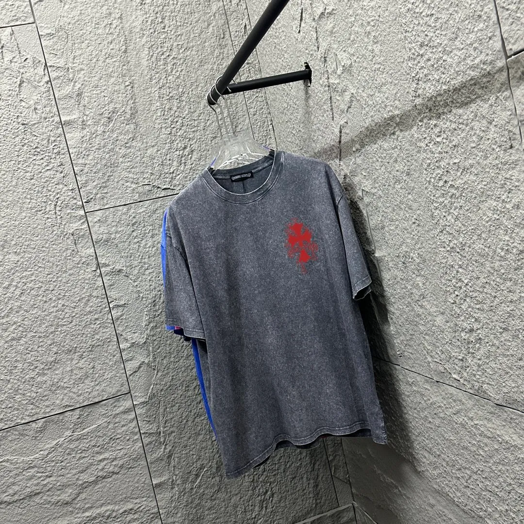 🅿️180 CH* Crow Heart* 2025 spring and summer new style Snowflake distressed washed retro round neck short sleeves Chest and front logo Horseshoe print Customized fabric Short-sleeved T-shirt Unisex Size: S M L XL XXL Color: Snowflake Black Snowflake Gray Snowflake Pink Snowflake Blue